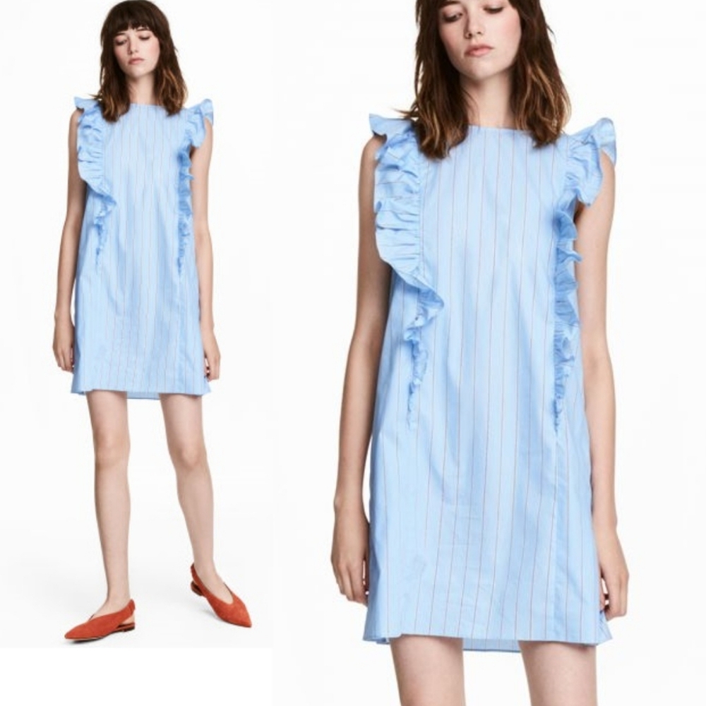 H&M Ruffled Dress Light Blue and Red Stripes. Size 12